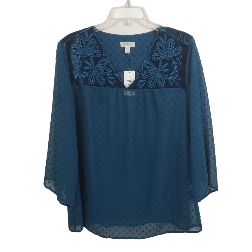 NWT Style & Co Sheer Swiss Dot Blouse Velvet Eyelet Yoke Size Large Boho Peasant